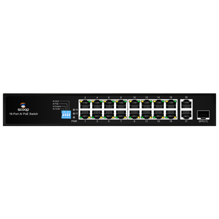 Scoop 16 Port Fast Ethernet PoE 150W 2 Gigabit 1SFP Switch